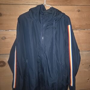Zyia Active Navy Blue Retro Rainbow Stripe Hooded Windbreaker Jacket XXL
